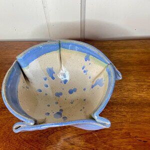 Studio Pottery Blue and Cream Bowl w/ Pinched Corners Artist Stamped